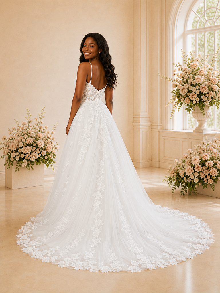 ChicSew Romantic Spaghetti Straps Tulle Lace A-Line Long Wedding Dress