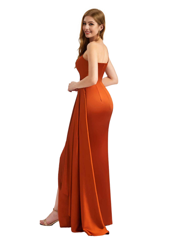 Modern One Shoulder Silky Satin Mermaid Long Bridesmaid Dresses Online Side Split