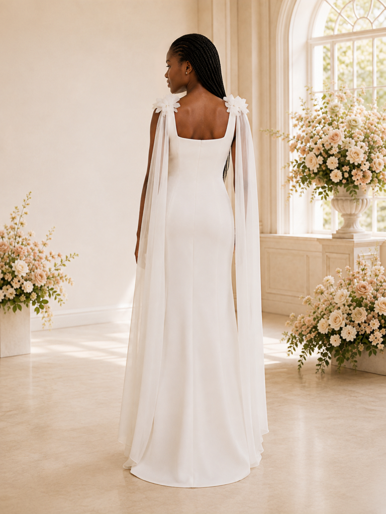 ChicSew Fancy Square Neck Crepe Mermaid Floor-Length Wedding Dress With Tulle Cape Sleeves