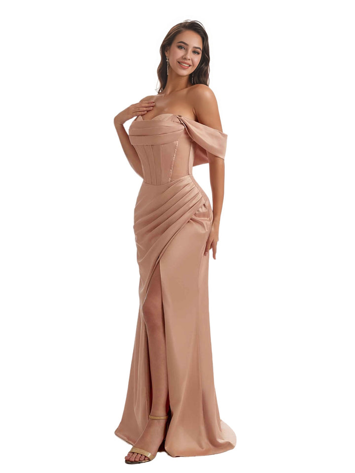 Sexy Side Split Off The Shoulder Mermaid Silky Satin Bridesmaid Dresses Online