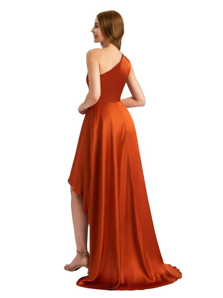 Elegant One Shoulder High Low Satin Ruched Bridesmaid Dresses Online