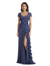 Elegant Chiffon Short Sleeves Side Slit A-Line Floor Length Mother Of The Bride Dresses