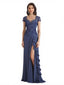 Elegant Chiffon Short Sleeves Side Slit A-Line Floor Length Mother Of The Bride Dresses