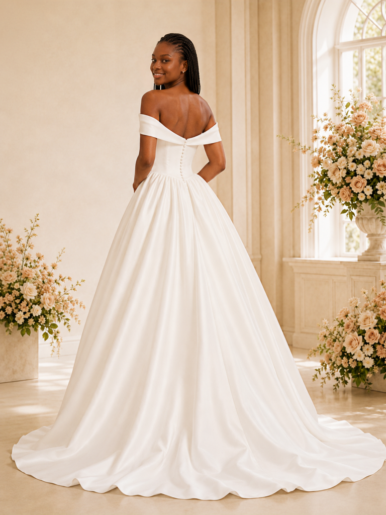 ChicSew Elegant Off The Shoulder A-Line Satin Maxi Long Wedding Dress With Button