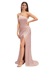 Elegant Mermaid One Shoulder Stretch Satin Side Slit Formal Long Bridesmaid Dresses