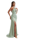 Sexy Side Split V-Neck Mermaid Ruched Satin Long Bridesmaid Dresses Slit Online
