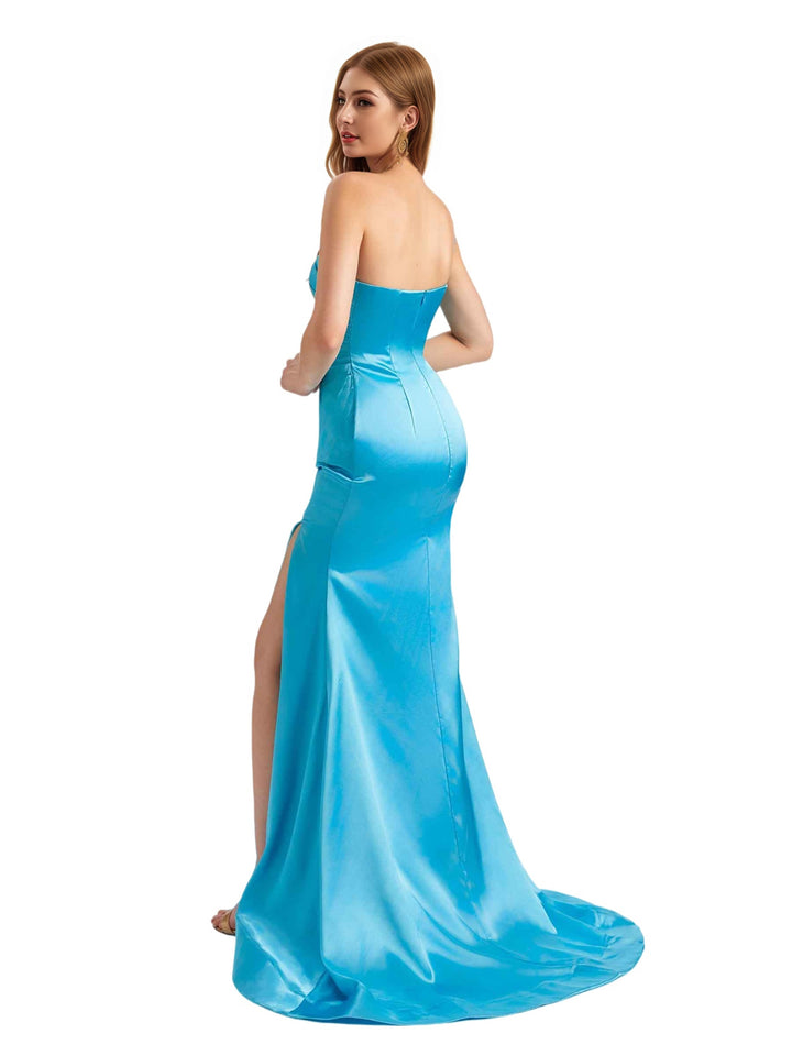 Sexy One Shoulder Side Split Ruched Soft Satin Mermaid Long Beauty Bridesmaid Dresses