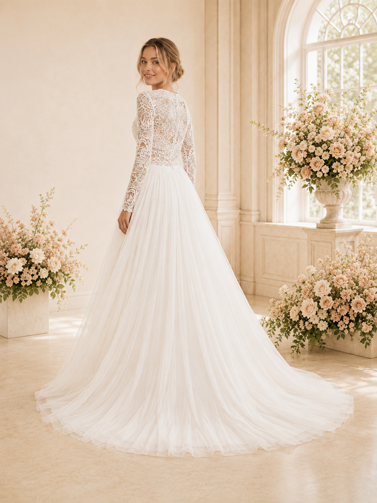 ChicSew Elegant Lace Applique Chiffon Pleated Long Sleeves A-Line Floor-Length Wedding Dress