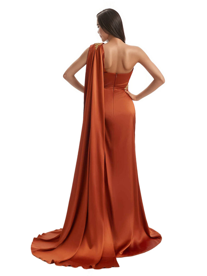 Unique One Shoulder Lace Mermaid Silky Satin Long Bridesmaid Dresses Side Split