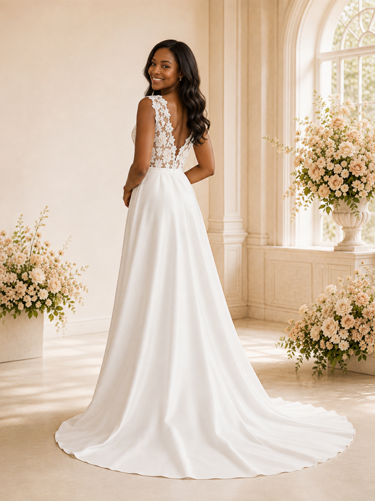 ChicSew Sexy Modern V-Neck Lace Crepe A-Line Maxi Long Wedding Dress