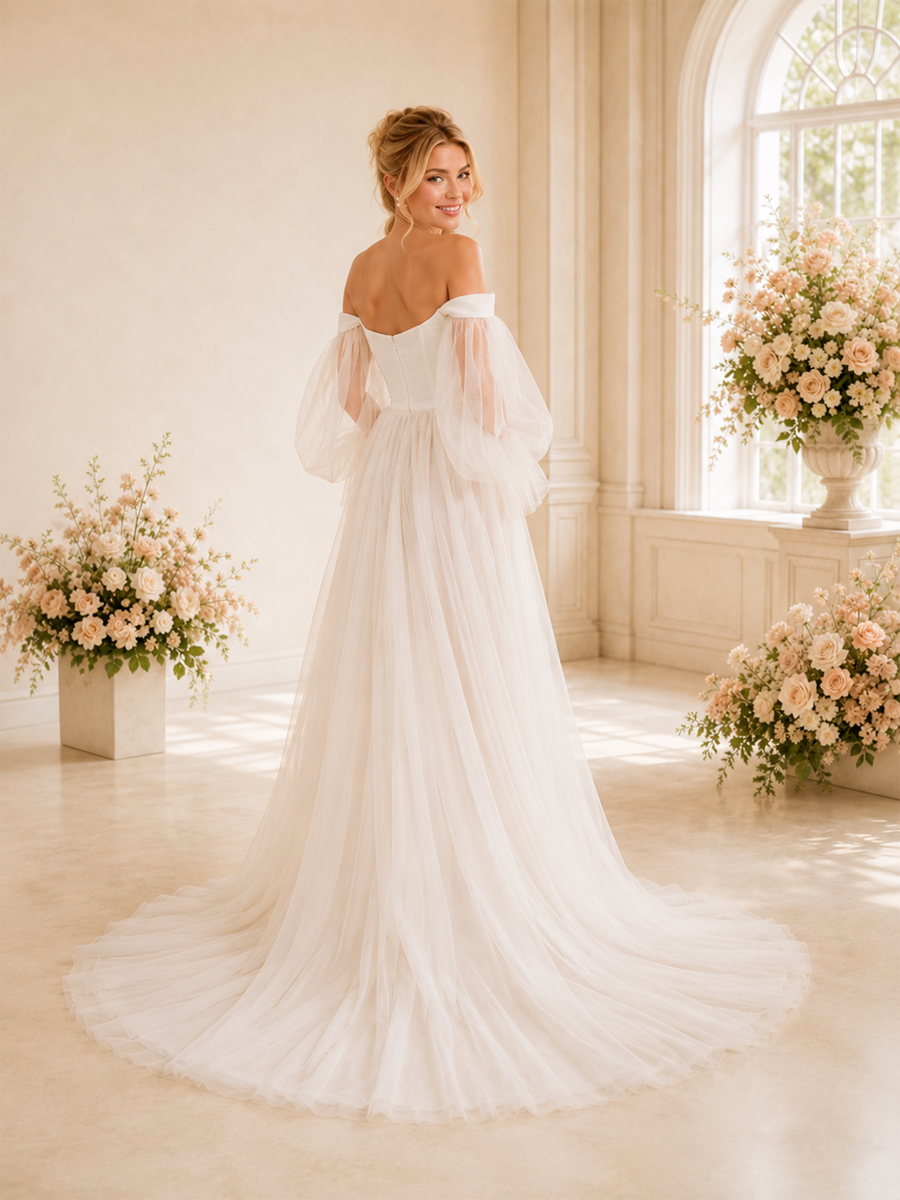 ChicSew Unique A-Line Off The Shoulder Long Sleeves Lace Tulle Maxi Long Wedding Dresses