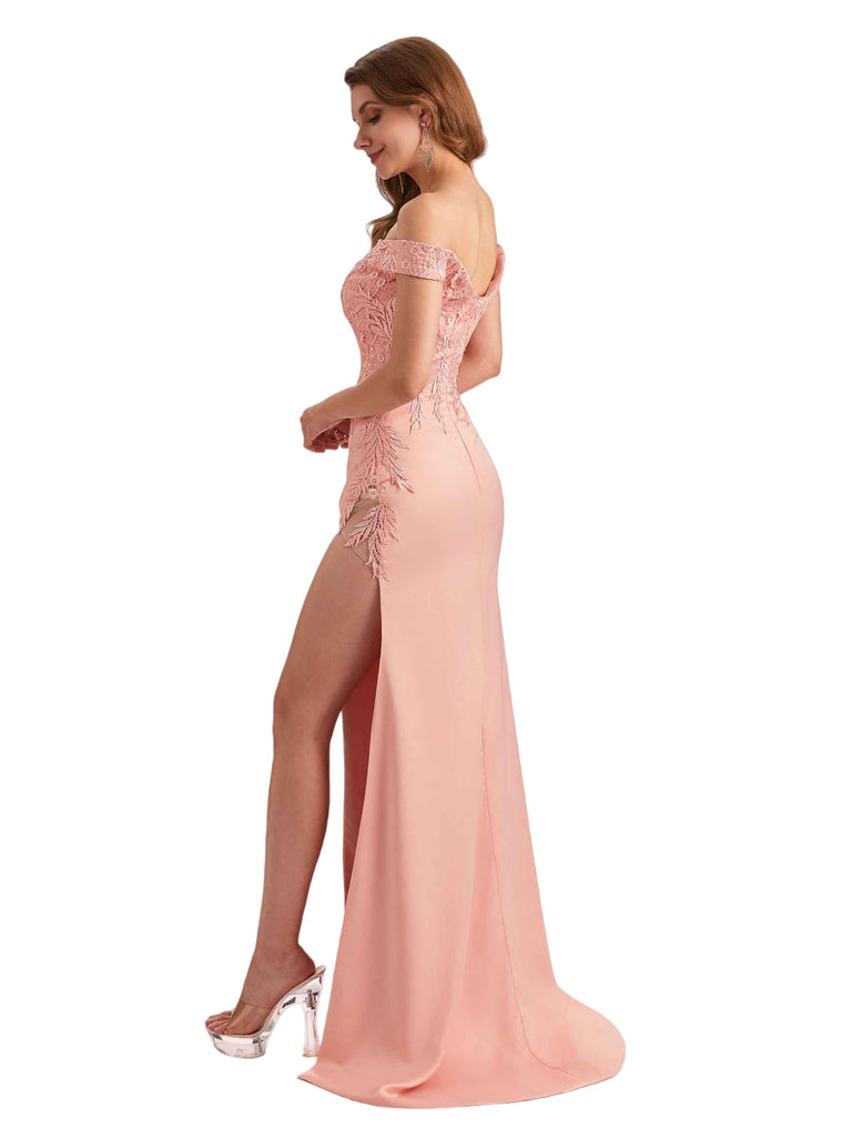 Sexy Off The Shoulder Lace Silky Satin Mermaid Side Slit Long Bridesmaid Dresses Online