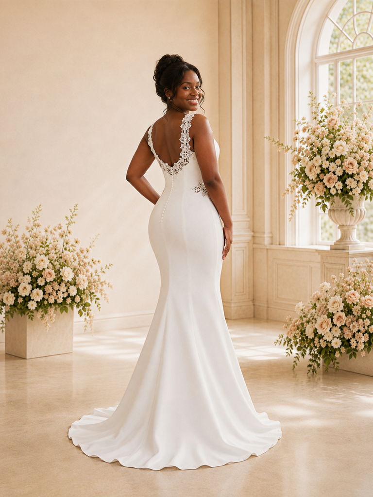 ChicSew Fancy V-Neck Crepe Mermaid Floor-Length Wedding Dress With Applique