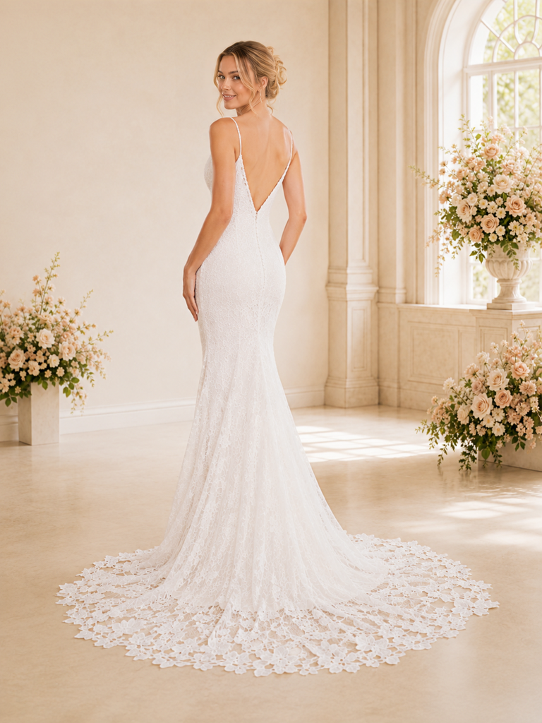 ChicSew Elegant Spaghetti Straps V-Neck Lace Floor-Length Wedding Dress With Side Slit