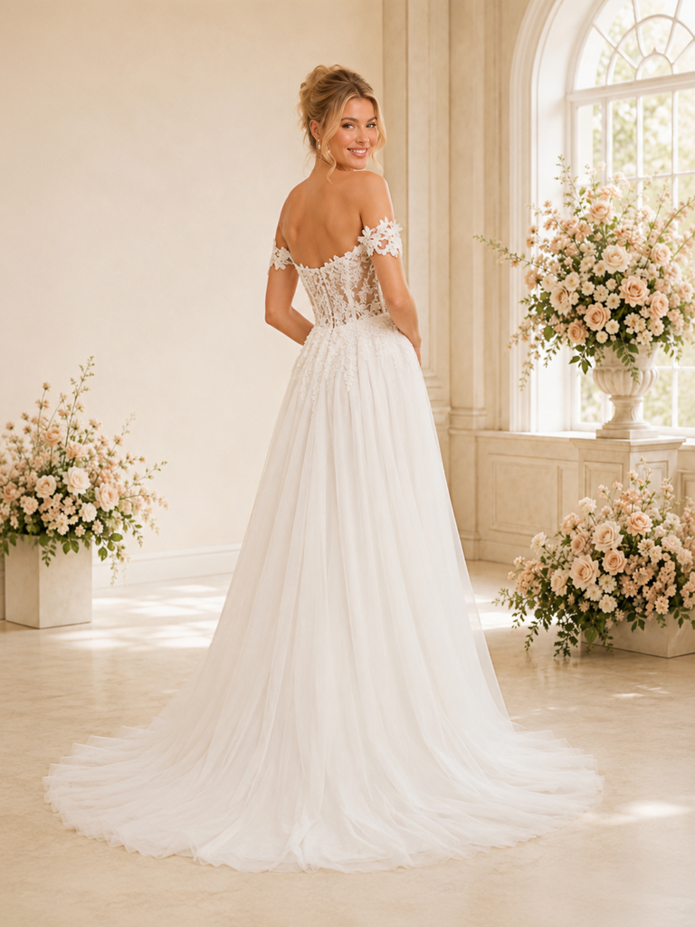 ChicSew Elegant A-Line Side Slit Lace Tulle Off The Shoulder Boning Floor-Length Wedding Dresses With Train