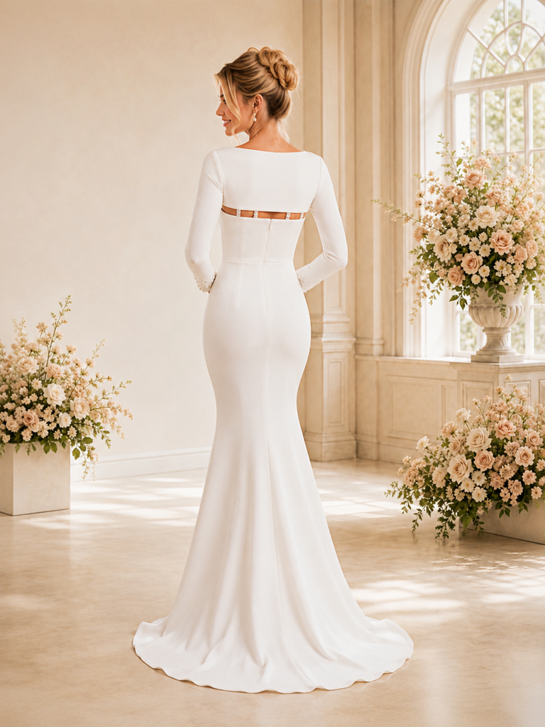 ChicSew Unique Elegant Square Neck Crepe Long Sleeves Mermaid Floor-Length Wedding Dress