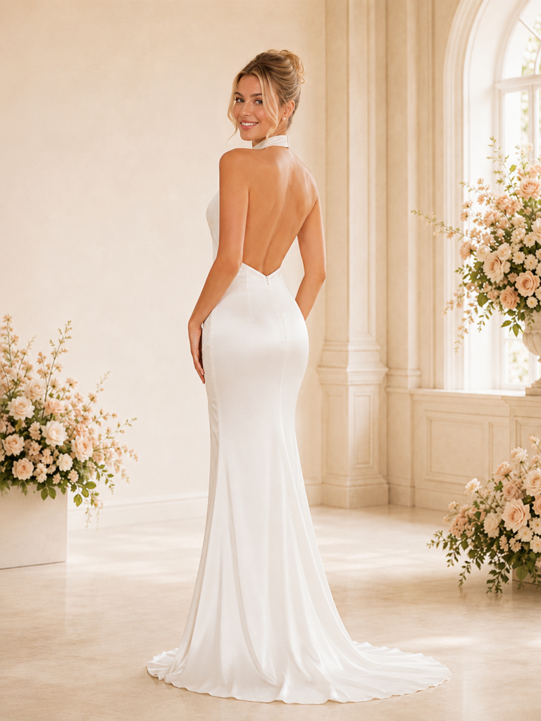ChicSew Elegant High Neck Side Slit Sleeveless Satin Mermaid Long Wedding Dresses