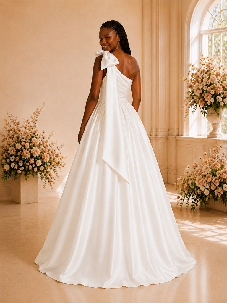 ChicSew Elegant One Shoulder A-Line Ruched Satin Maxi Long Wedding Dress With Bow