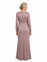 ChicSew Jewel Long Sleeve Soft Satin Side Slit Floor-Length Mother of the Bride Dresses