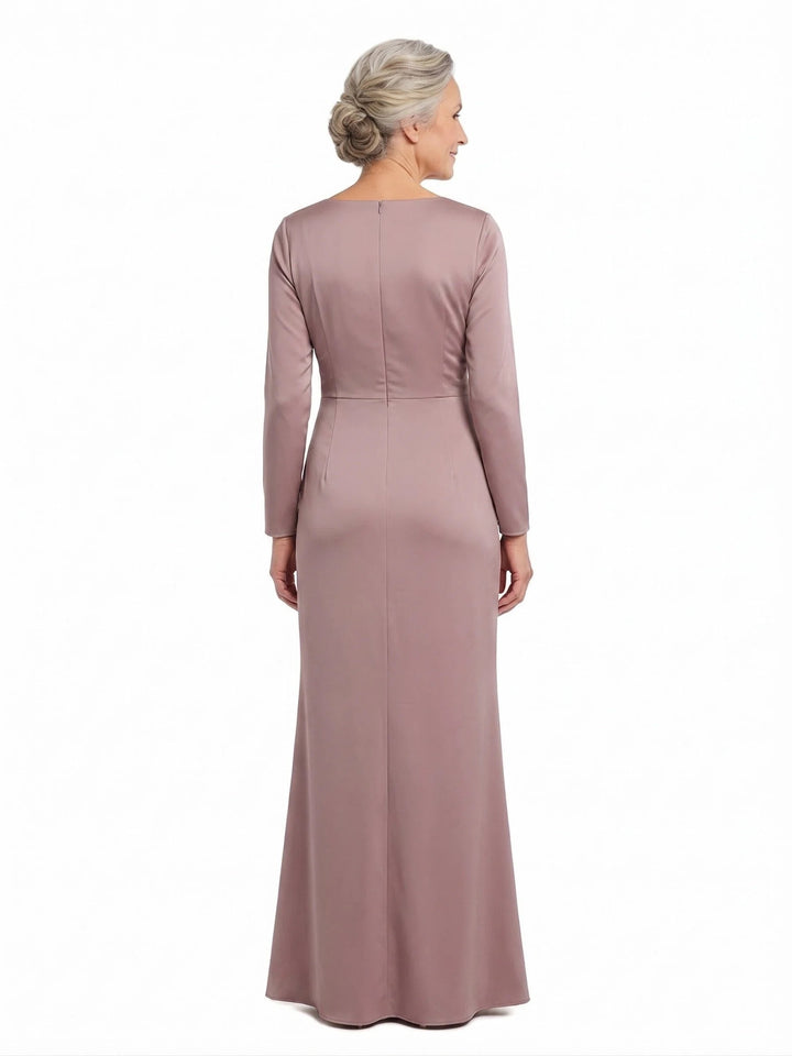 ChicSew Jewel Long Sleeve Soft Satin Side Slit Floor-Length Mother of the Bride Dresses