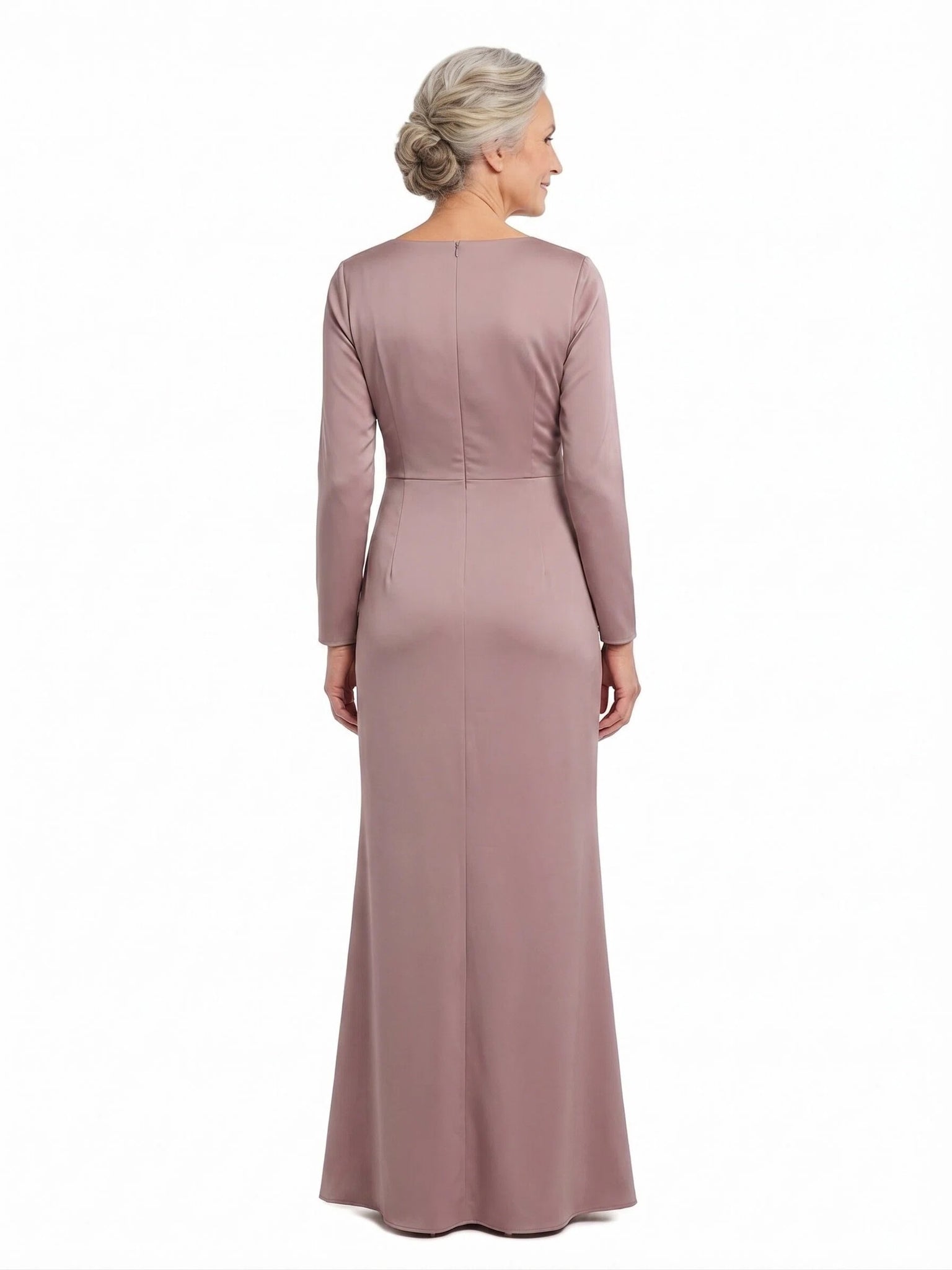 ChicSew Jewel Long Sleeve Soft Satin Side Slit Floor-Length Mother of the Bride Dresses