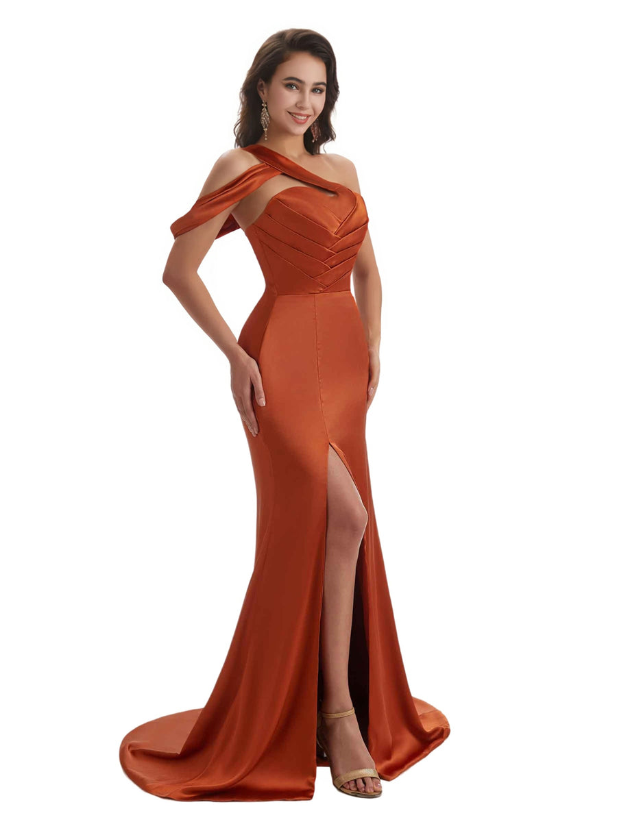 Sexy One Shoulder Mermaid Long Wedding Bridesmaid Dresses With Slit