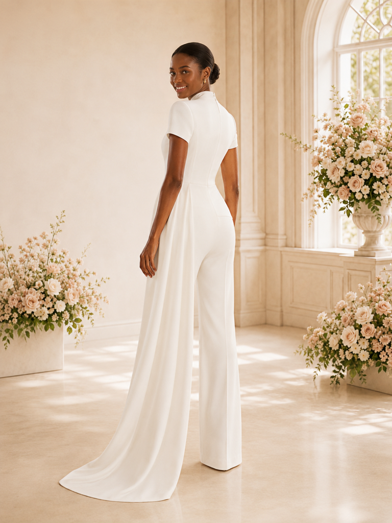 ChicSew Unique High Neck Short Sleeves Crepe Floor-Length Wedding Jumpsuit