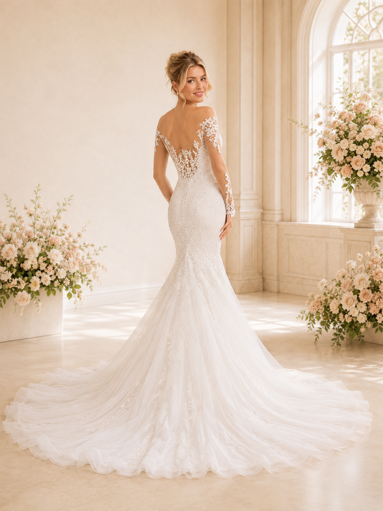 ChicSew Sexy V-Neck Lace Tulle Long Sleeves Mermaid Maxi Wedding Dresses With Long Train