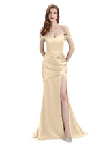 Sexy Soft Satin Side Slit Off Shoulder Floor-Length Mermaid Bridesmaid Dresses In Stock