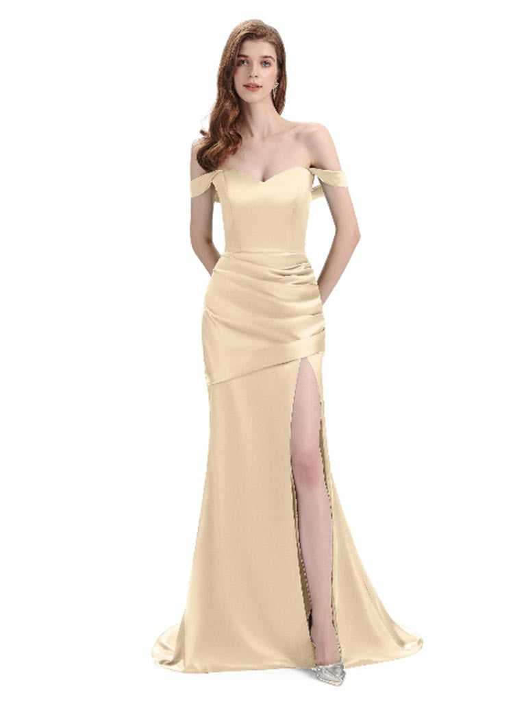 Sexy Soft Satin Side Slit Off Shoulder Floor-Length Mermaid Bridesmaid Dresses In Stock