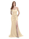 Sexy Soft Satin Side Slit Off Shoulder Floor-Length Mermaid Bridesmaid Dresses In Stock