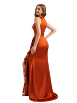 Elegant V-Neck Ruffles Satin Side Split Mermaid Long Bridesmaid Dresses Online