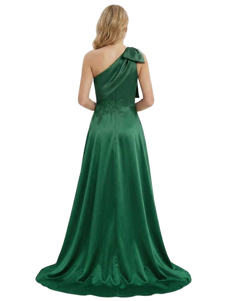 Sexy Mother Of The Bride Dress One Shoulder Applique Satin Fitted Long Draped Formal Gown