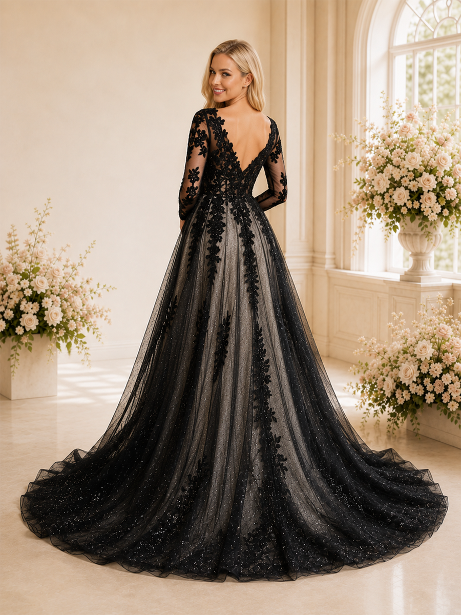 ChicSew Unique Lace Tulle V-Neck Long Sleeves Side Slit A-Line Maxi Wedding Dresses