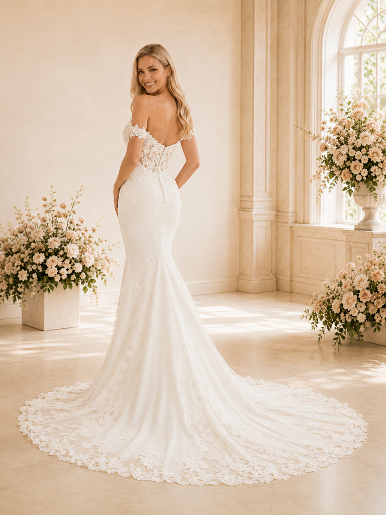 ChicSew Sexy Unique Off The Shoulder Lace Applique Crepe Mermaid Maxi Wedding Dress