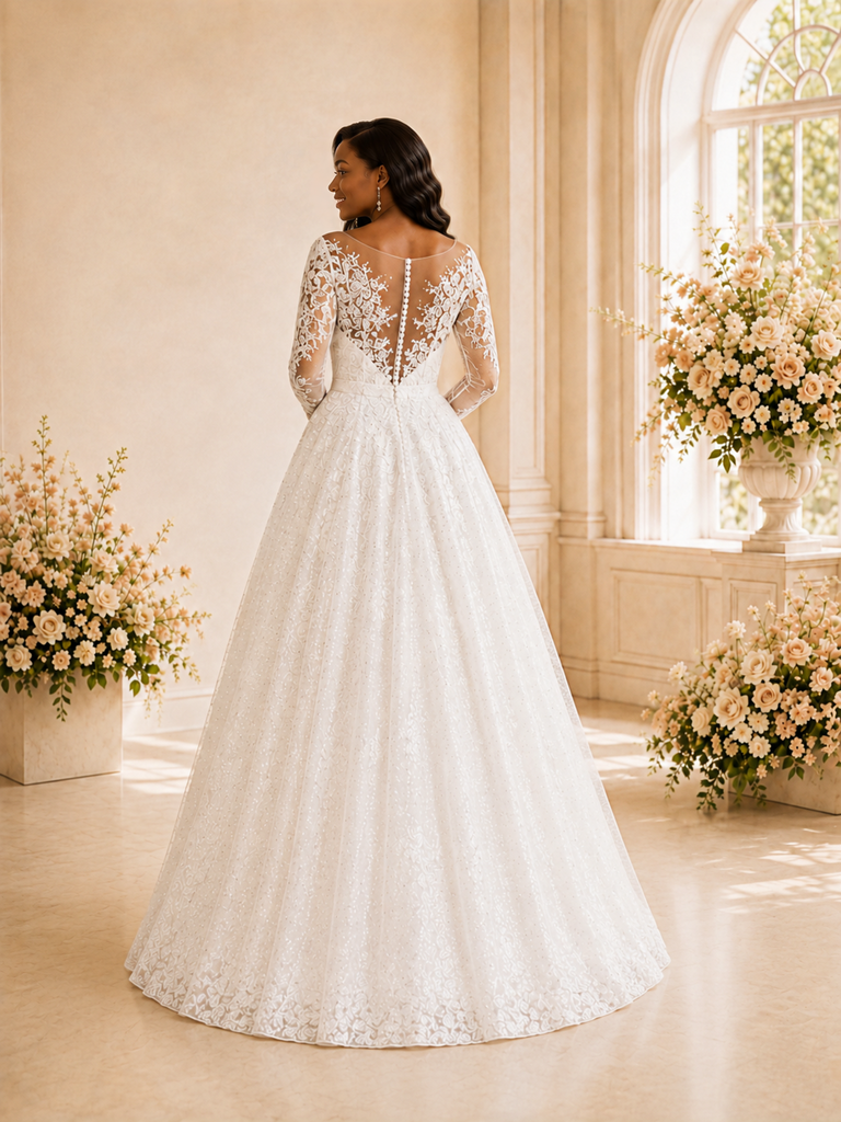 ChicSew Elegant Illusion Long Sleeves Lace Appliques Glitter Tulle Maxi Wedding Dress