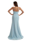Elegant Mermaid Boning Side Slit Crepe Long Bridesmaid Dress For Wedding Spaghetti Straps