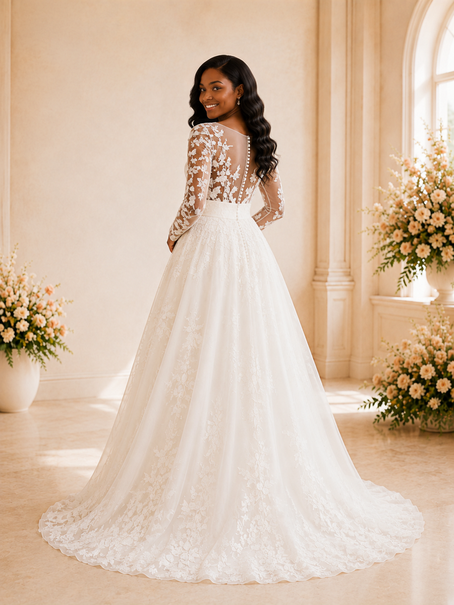 ChicSew Elegant Romantic Illusion Long Sleeves Lace Appliques Tulle A-Line Maxi Wedding Dress