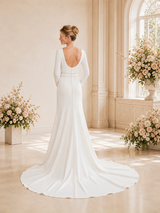 ChicSew Elegant Jewel Crepe Long Sleeves Mermaid Maxi Wedding Dress With Long Train