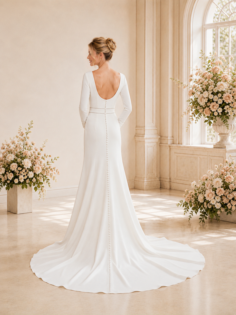 ChicSew Elegant Jewel Crepe Long Sleeves Mermaid Maxi Wedding Dress With Long Train
