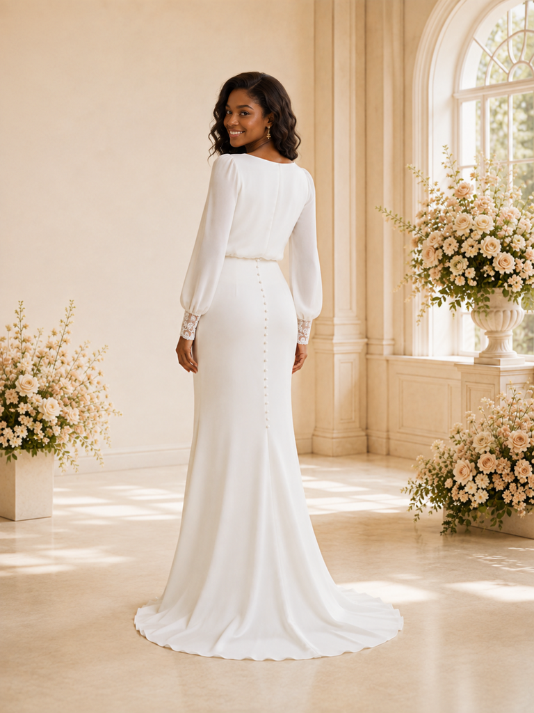 ChicSew Elegant V-Neck Long Sleeves Button Chiffon Mermaid Maxi Wedding Dress