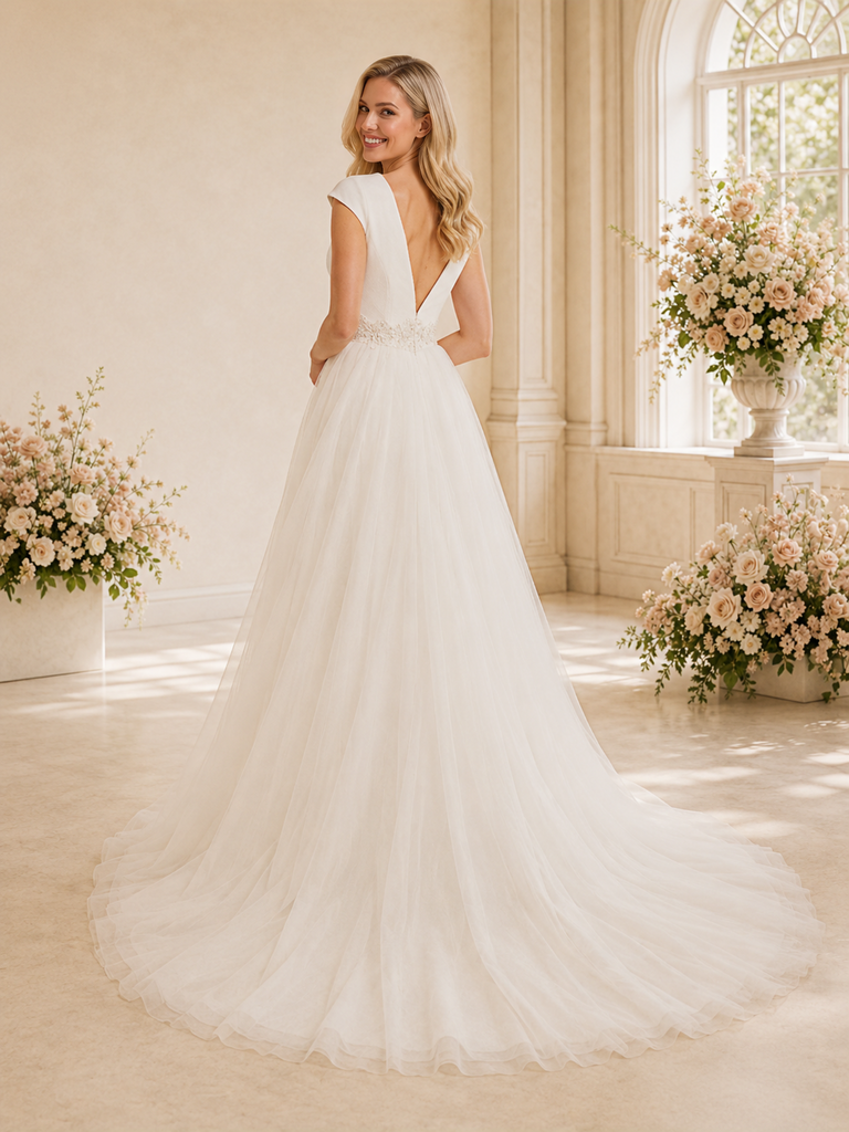 ChicSew Fancy Deep V-Neck Sleeveless A-Line Tulle Floor-Length Wedding Dress With Applique