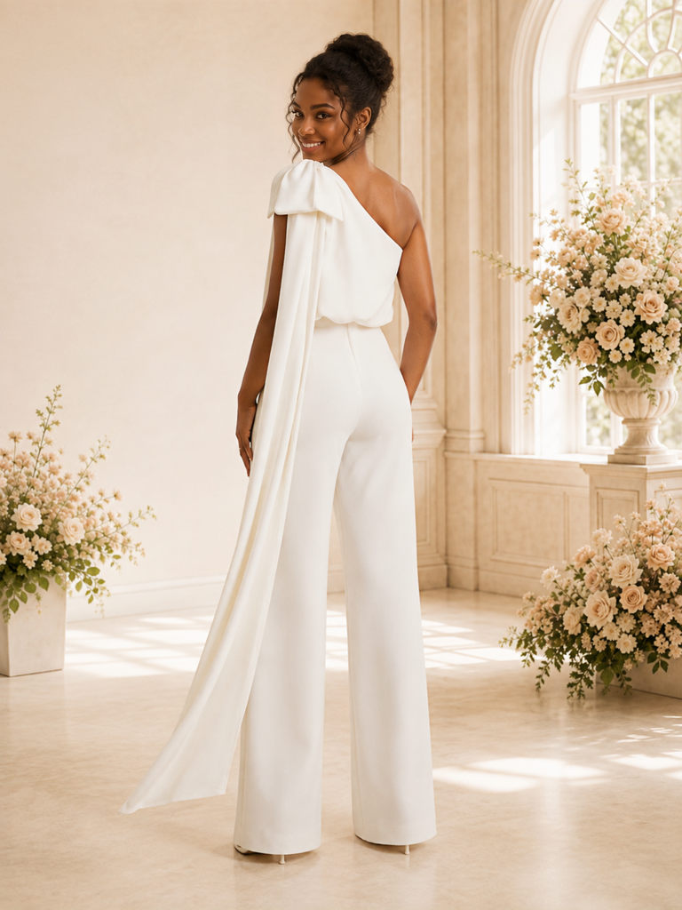 ChicSew Elegant One Shoulder Crepe Long Wedding Jumpsuit With Bow