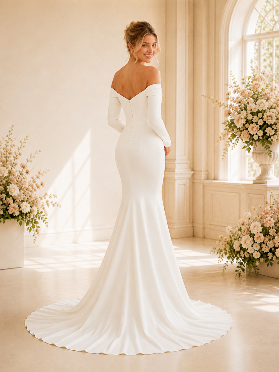 ChicSew Sexy Off Shoulder Ruching Long Sleeves Mermaid Crepe Long Wedding Dress