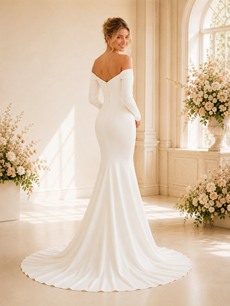 ChicSew Sexy Off Shoulder Ruching Long Sleeves Mermaid Crepe Long Wedding Dress