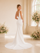 ChicSew Classy V-Neck Spaghetti Straps Crepe Mermaid Floor-Length Wedding Dress