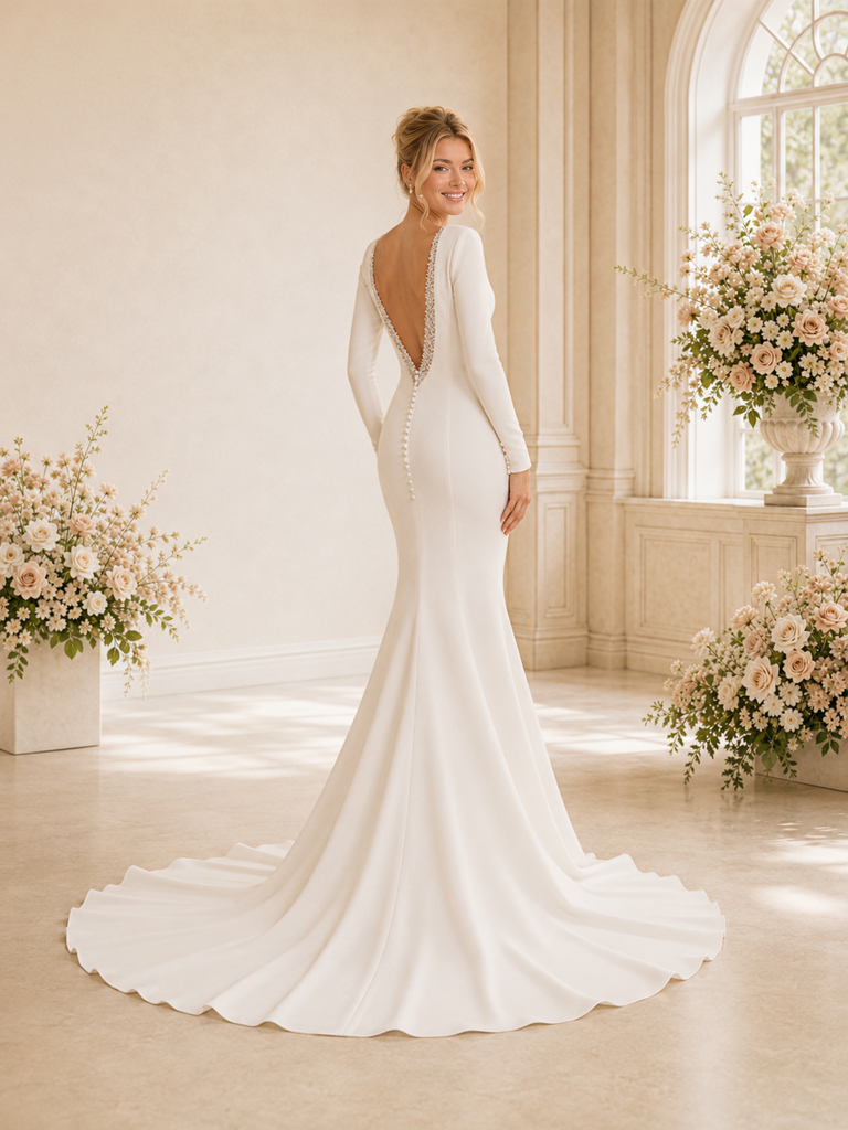 ChicSew Elegant Unique Beaded V-Neck Long Sleeves Crepe Mermaid Maxi Wedding Dress With Train