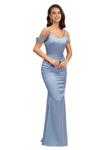 Sexy Cold Shoulder Soft Satin Mermaid Long Bridesmaid Dresses Online