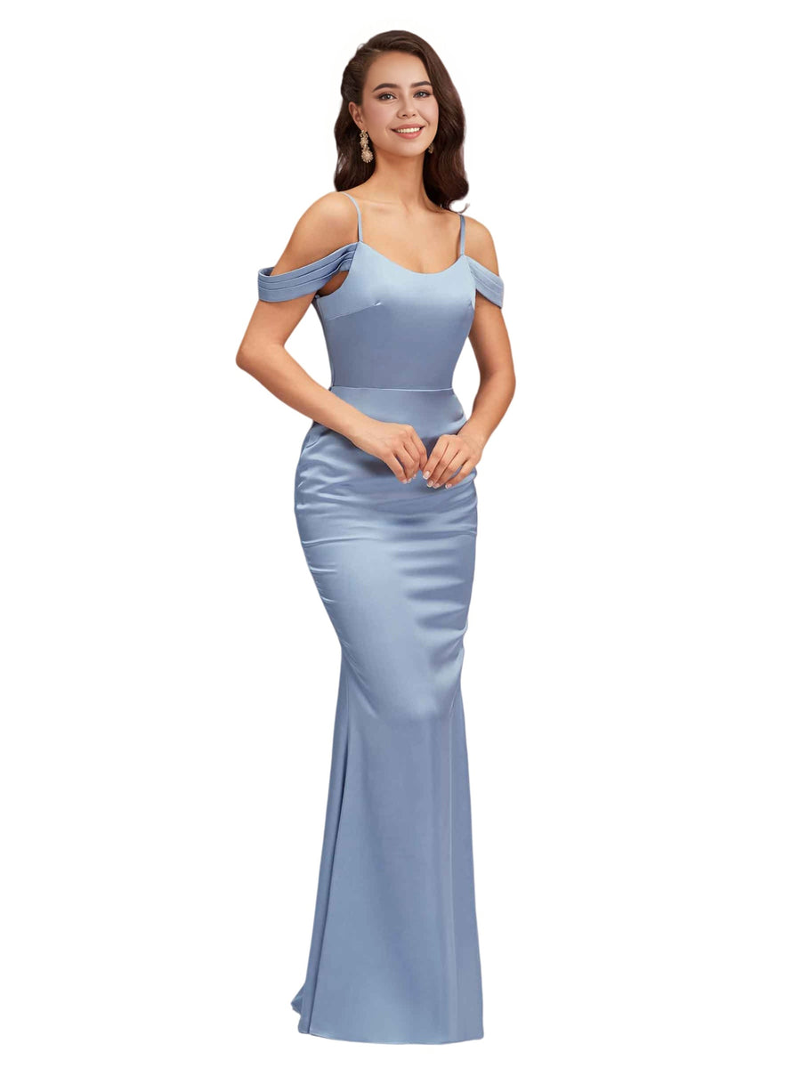 Sexy Cold Shoulder Soft Satin Mermaid Long Bridesmaid Dresses Online