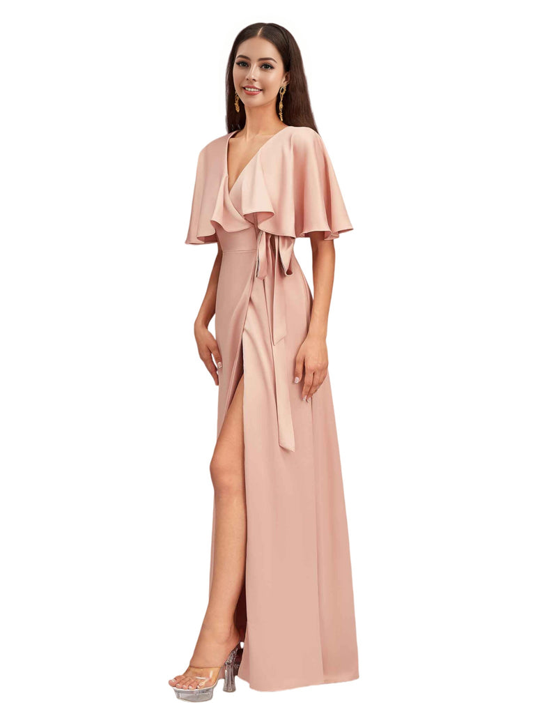 Elegant Bat Sleeves V-neck A-Line Side Slit Long Soft Satin Bridesmaid Dresses